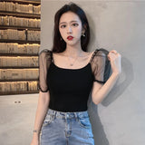 Weiyinxing Cropped Tops Women Puff Sleeve Square Collar Mesh Patchwork Summer T-Shirts Elegant Casual Shirts Vintage Korean W655