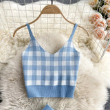 Weiyinxing Plaid Knitted Two Piece Set 2023 Women Sexy Short Vest & Bodycon Mini Skirt Set Women Outfits