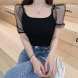 Weiyinxing Cropped Tops Women Puff Sleeve Square Collar Mesh Patchwork Summer T-Shirts Elegant Casual Shirts Vintage Korean W655