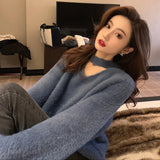 Weiyinxing V-Neck Loose Knitted Sweater Women Mink Cashmere Jumpers Oversized Elastic Casual Pullovers Lantern Sleeve Vintage X470