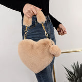 Weiyinxing Faux Fur Heart-shaped Women Small Handbags Fluffy Plush Ladies Chain Shoulder Bag Fashion Female Furry Daily Clutch Purse