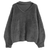 Weiyinxing V-Neck Loose Knitted Sweater Women Mink Cashmere Jumpers Oversized Elastic Casual Pullovers Lantern Sleeve Vintage X470