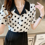 Weiyinxing Top Femme Short Sleeve Blouse Women Blusas Mujer De Moda 2023 Verano V-Neck Black Dot Chiffon Blouse Shirt Tops E851