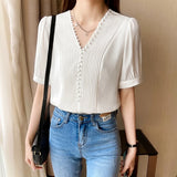 Weiyinxing Women Blouses Top Femme Short Sleeve White Blouse Tops Women Blusas Mujer De Moda 2023 V-Neck Chiffon Blouse Shirt E867