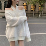 Weiyinxing Winter Korean Knitwear Women Halter Cross Cold Shoulder White Jumpers Loose Oversized Pullovers Sexy Korean Elegant M440