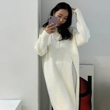 Weiyinxing Elegant Split Autumn Knitted Sweater Dress Women O-Neck Vintage Midi Dress Loose Party Dresses Solid Color Straight M520