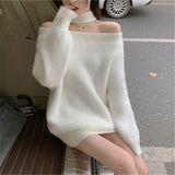 Weiyinxing Winter Korean Knitwear Women Halter Cross Cold Shoulder White Jumpers Loose Oversized Pullovers Sexy Korean Elegant M440