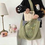 Weiyinxing Women Lamb Like Fabric Shoulder Bag Simple Canvas Handbag Tote Large Capacity Embroidery Shopping Bag Cute Book Bags For Girls
