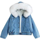 Weiyinxing Fur Collar Denim Jacket Women Winter Hooded Warm Jean Coat Student Basic Parkas Female Bomber Jacket