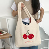 Weiyinxing Tote Bag Shopper Handbag for Women 2023 Autumn Winter Girls Casual Cute Cherry Embroidery Lmitation Wool Eco Shoulder Bags