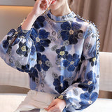 Weiyinxing Long Sleeve Blouse Women Blusas Mujer De Moda 2023 Stand Collar Print Chiffon Blouse Shirt Tops Blouses Femme Shirts D419