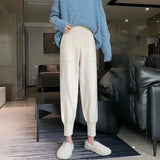 Weiyinxing Winter Knitted Pants Women Elastic Waist Long Pants Korean Loose Harem Pants Big Pockets Vintage Harajuku Gray M103