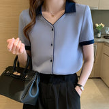 Weiyinxing Blouses Top Femme Short Sleeve Chiffon Blouse Shirt Blouse Women Blusas Mujer De Moda 2023 Verano V-Neck Tops Women E841