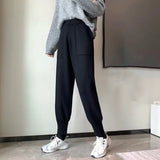 Weiyinxing Winter Knitted Pants Women Elastic Waist Long Pants Korean Loose Harem Pants Big Pockets Vintage Harajuku Gray M103