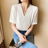 Weiyinxing Women Blouses Top Femme Short Sleeve White Blouse Tops Women Blusas Mujer De Moda 2023 V-Neck Chiffon Blouse Shirt E867