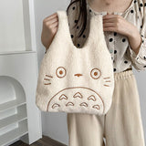 Weiyinxing Ladies Cartoon Cat Embroidery Imitation Lamb Fleece Fabric Handbag Soft New Large Capacity Shopping Bag Girl Japan INS