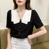 Weiyinxing Women Black Blouse Short Sleeve V-Neck Chiffon Blouse Shirt Tops Blouse Women Blusas Mujer De Moda 202 Blouses Femme F59