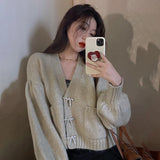 Weiyinxing Bow Knitted Sweater Women V-Neck Long Sleeve Casual Knitwear Jumpers Autumn Winter Cardigans Puff Sleeve M068