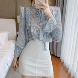 Weiyinxing Long Sleeve Blouse Women Blusas Mujer De Moda 2023 Ruffles Blue Print Chiffon Blouse Shirt Tops Women Blouses Blusa D743