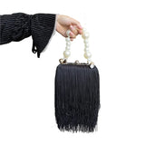 Weiyinxing Metal Frame Shell Handbags Female Pearl strap Women Trend Shoulder Long Tassel Bags Ladies Daily Fringe Bags Hand Purse Bags