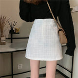 Weiyinxing Elegant Tweed Mini Skirts Women High Waist Pencil Skirt Zipper Autumn A-Line Warp Skirts Black White Plaid Pearls X491