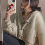 Weiyinxing Bow Knitted Sweater Women V-Neck Long Sleeve Casual Knitwear Jumpers Autumn Winter Cardigans Puff Sleeve M068