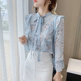 Weiyinxing Long Sleeve Blouse Women Blusas Mujer De Moda 2023 Ruffles Blue Print Chiffon Blouse Shirt Tops Women Blouses Blusa D743