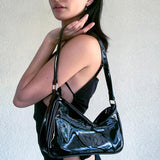 Weiyinxing Women Black Patent Leather Shoulder Bag Fashion Design Ladies Underarm Bag Retro Y2k Cool Girls Small Purse Handbags