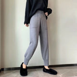 Weiyinxing Winter Knitted Pants Women Elastic Waist Long Pants Korean Loose Harem Pants Big Pockets Vintage Harajuku Gray M103