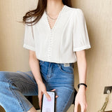 Weiyinxing Women Blouses Top Femme Short Sleeve White Blouse Tops Women Blusas Mujer De Moda 2023 V-Neck Chiffon Blouse Shirt E867