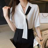 Weiyinxing Blouses Femme Top Blouse Women Blusas Mujer De Moda 2023 Verano Short Sleeve White Blouse V-Neck Chiffon Blouse Shirt E716