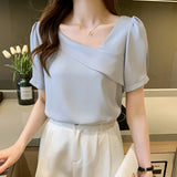 Weiyinxing Blouses Femme Top Short Sleeve Blouse Women Blusas Mujer De Moda 2023 Ruffles V-Neck Chiffon Blouse Shirt Tops Women E882