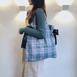 Weiyinxing Plaid Women Simple Shoulder Bag Soft Cloth Fabric Handbag Large Capacity Cotton Tote Bow Canvas Bags For Pretty Young Girl