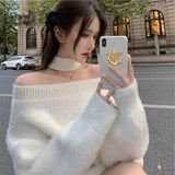 Weiyinxing Winter Korean Knitwear Women Halter Cross Cold Shoulder White Jumpers Loose Oversized Pullovers Sexy Korean Elegant M440