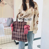Weiyinxing Plaid Women Simple Shoulder Bag Soft Cloth Fabric Handbag Large Capacity Cotton Tote Bow Canvas Bags For Pretty Young Girl