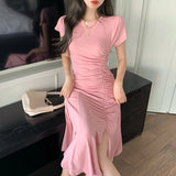 Weiyinxing Pleated Summer Mermaid Dress Women O-Neck Short Sleeve Split Long Midi Dress Sheath Sweet Elegant Pink Party Dress Z399