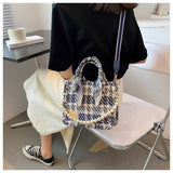 weiyinxing Canvas Plaid Totes Bag Female Pearl Chain Shoulder Crossbody Bag Ladies Blue Large Capacity Handbags Retro Commuter Bags