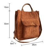 Weiyinxing Corduroy Shoulder Bag Women Vintage Shopping Bags Zipper Girls Student Bookbag Handbags Casual Tote With Outside Pocket