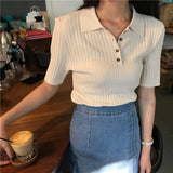 Weiyinxing Summer Tshirts Women Turn Down Collar Short Sleeve Striped Shirts Casual Vintage Tops Buttons Harajuku Korean Slim W330