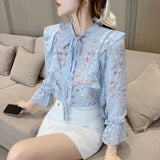 Weiyinxing Long Sleeve Blouse Women Blusas Mujer De Moda 2023 Ruffles Blue Print Chiffon Blouse Shirt Tops Women Blouses Blusa D743