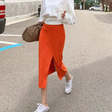 Weiyinxing Knitted Skirts Women Elastic Waist Split Pencil Skirt Korean Casual Bodycorn Long Midi Skirt Sweet Vintage Elegant X049