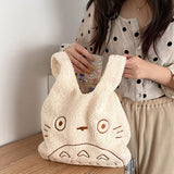 Weiyinxing Ladies Cartoon Cat Embroidery Imitation Lamb Fleece Fabric Handbag Soft New Large Capacity Shopping Bag Girl Japan INS