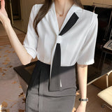 Weiyinxing Blouses Femme Top Blouse Women Blusas Mujer De Moda 2023 Verano Short Sleeve White Blouse V-Neck Chiffon Blouse Shirt E716