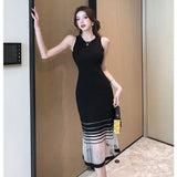 Weiyinxing Elegant Woman Knitted Sundress Thin New Patchwork Mesh Fairy Sleeveless Robe Dress Sexy Slim Elastic Ladies Clothes P503