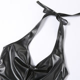 Weiyinxing Comfortable Low Cut Leather Dress Slim Fit Halter Sexy Skirt Front Hollow Backless Short Skirt Elastic and Glossy for Party