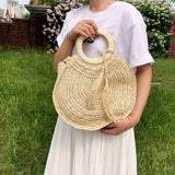 Weiyinxing Straw Bag Rattan Woven Round Tassel Handbag For Women Large Capacity Shoulder Tote Purse Ladies Holiday Wood Handle Bag