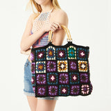 weiyinxing Crochet Granny Square Tote Bag Designer Bamboon Handle Women Handbags Knitted Handmade Woven Big Shopper Purses 2023 Bag