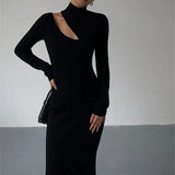 Weiyinxing Turtleneck Knitted Dress Black Slim Women Minimalist Elegant Long Sleeve Midi Dress Party Office Bodycon Vestidos O146