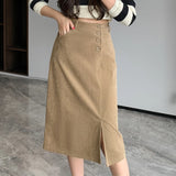 Weiyinxing High Waist Skirt Women Autumn Winter Split Slim Knee Length Skirts Vintage Skinny Straight Single Breasted Skirt N924