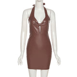 Weiyinxing Comfortable Low Cut Leather Dress Slim Fit Halter Sexy Skirt Front Hollow Backless Short Skirt Elastic and Glossy for Party